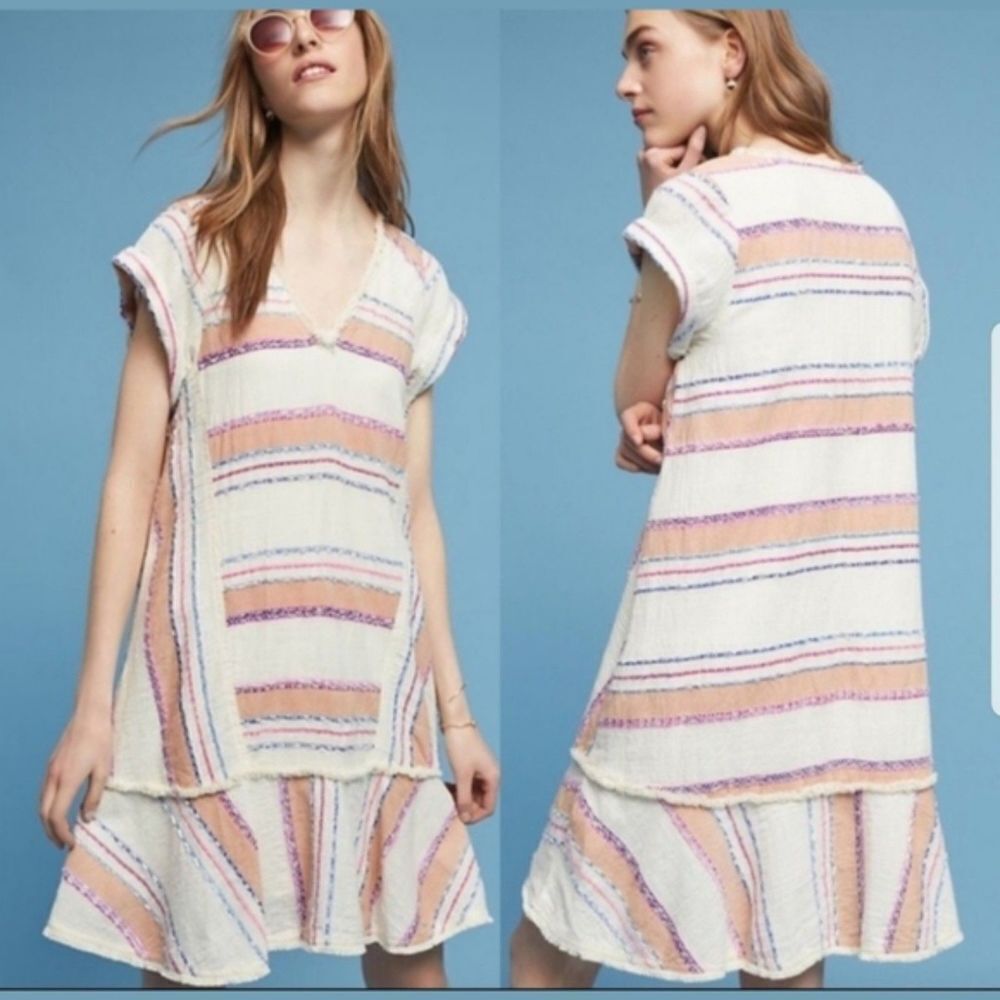 ANTHROPOLOGIE Holding Horses Elira Brown White Striped Fringe Boho Dress Size XS
